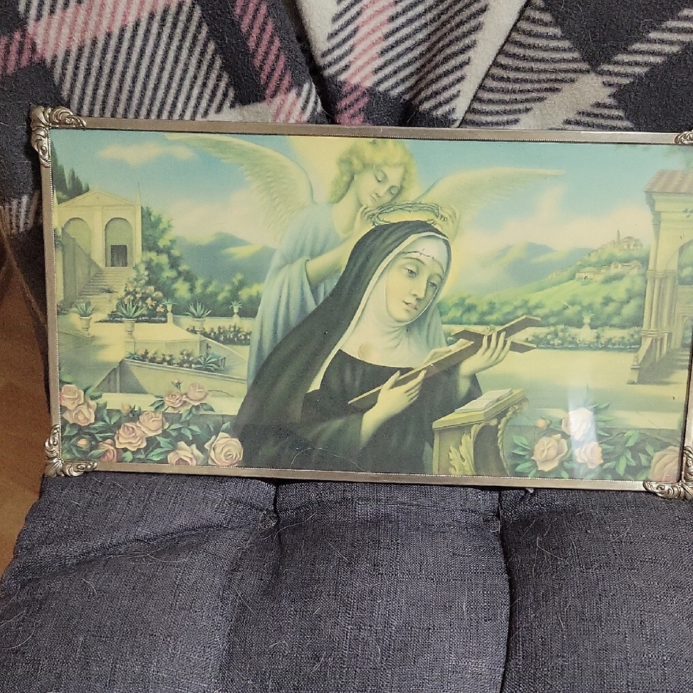 Antique Religious Framed Artwork with Angel and Saint 15x8"